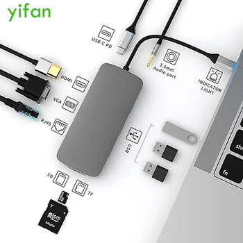 10 1 C Tipa Multiport Adapteris Doks ar 4K HDMI, VGA, Gigabit Ethernet, PD Uzlāde, 3 USB 3.0 Porti, SD TF Karšu Lasītājs