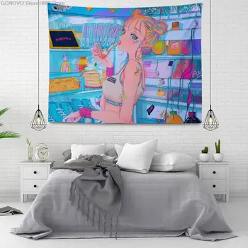 Kawaii-Mädchen Hängen Wandteppich, Schlafzimmer Hintergrund Dekoration, Nette Rosa, Moderns, moderns Hipiju große stoff zizli hänge